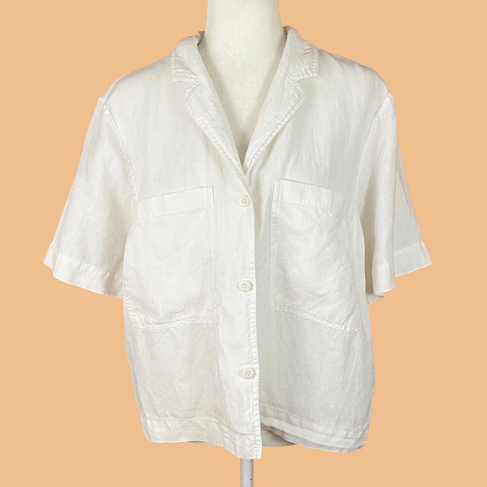 Everlane Women's Linen Workwear Shirt Size L White Short Sleeves Patch Pockets